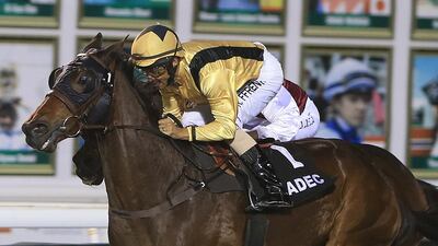 Jockey Royston Ffrench rides Ukrainian to the win in Race 6 at Abu Dhabi EquestrianClub, the feature. Ravindranath K / The National