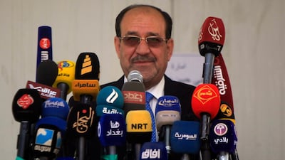 Nouri Al Maliki addresses a tribal gathering in May 2017 in Najaf. The former prime minister has indicated he will not seek the post again in elections scheduled for May 2018. Haidar Hamdani / AFP
