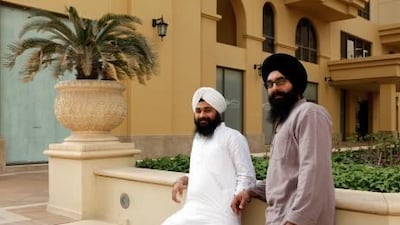 Jasvinder Singh and Amanjeet Singh outside a Sikh gathering at Jumeirah Beach Residence.