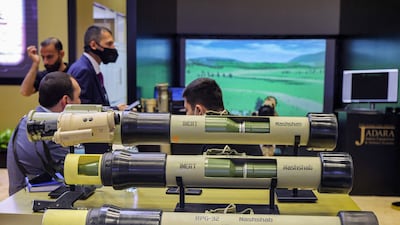 Samples of the Jordanian-assembled, Russian-made Nashshab RPG-32 hand-held anti-tank grenade launcher on display at the Doha International Maritime Defence Exhibition in the Qatari capital.