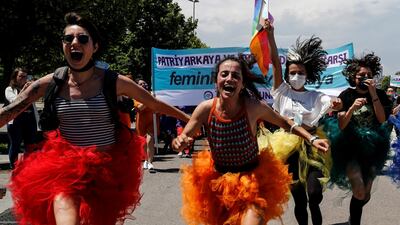 Activists at a protest against Turkey's withdrawal from the Istanbul Convention in Istanbul. Reuters