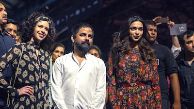 Bollywood Actress Deepika Padukone with designer Sabyasachi Mukherji, and Kalki Koechlin at Lakme Fashion Week.