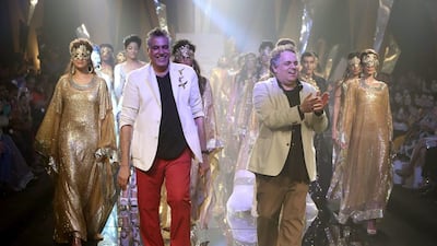 Abu Jani, left, and Sandeep Khosla took inspiration from the 1970s and 80s for their opening show. Courtesy Lakmé Fashion Week