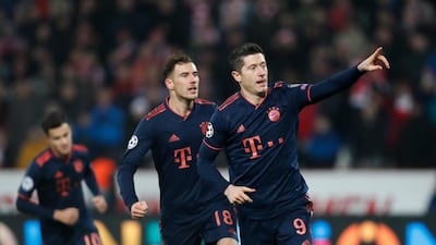 Robert Lewandowski celebrates his first goal against Red Star.