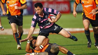 Dereck Lee of Xodus Steelers in action at Dubai Rugby Sevens. Jake Badger for The National