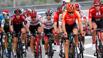 UAE Team Emirates riders Tadej Pogacar in the peloton during the Vuelta a Espana. BettiniPhoto