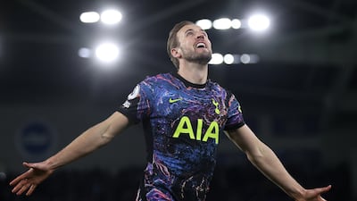 BRIGHTON, ENGLAND - MARCH 16: Harry Kane of Tottenham Hotspur celebrates after scoring their team's second goal during the Premier League match between Brighton & Hove Albion and Tottenham Hotspur at American Express Community Stadium on March 16, 2022 in Brighton, England. (Photo by Julian Finney / Getty Images)