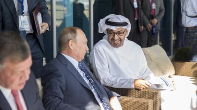 Sheikh Mohammed bin Zayed and Mr Putin discussed further improving the ties between their two countries, particularly economic and investment opportunities. Mohammed Al Hammadi/ Crown Prince Court - Abu Dhabi