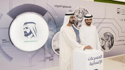 Sheikh Mohammed bin Rashid, Vice President and Ruler of Dubai, and Sheikh Hamdan bin Mohammed, Crown Prince of Dubai, launches the Humanitarian Accelerators on Friday. Courtesy UAE Ministry of Cabinet & The Future Public Diplomacy Office