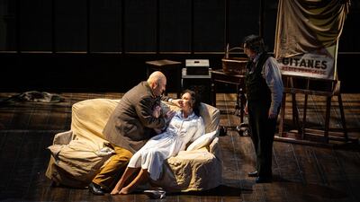 Irina Lungu, Giorgio Berrugi and Giovanni Romeo star as as Rodolfo, Mimi and Schuanard in La Boheme. Courtesy: Khalid AlBusaidi, ROHM.