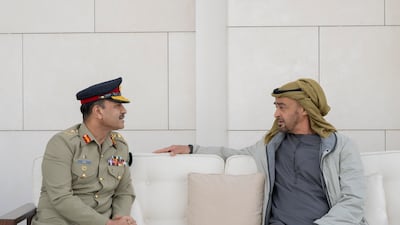 President Sheikh Mohamed bin Zayed meets Gen Asim Munir, Pakistan's chief of army staff. Photo: UAE Presidential Court