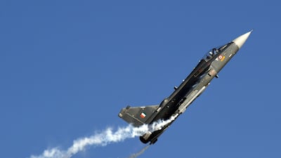 An Indian Air Force Tejas during an Air Force Day parade at an IAF station in Ghaziabad, on the outskirts of New Delhi.