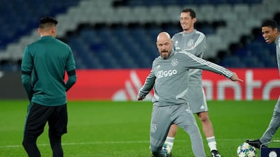 Ajax manager Erik ten Hag during a training session at Stamford Bridge. PA