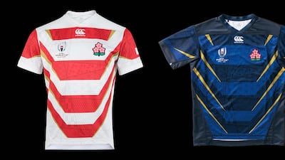 6: Japan – The hosts have paired their cherry red and white-hooped home shirt with a daring away blue and black away kit. The yellow flashes bring it life. Image via rugbyworldcup.com
