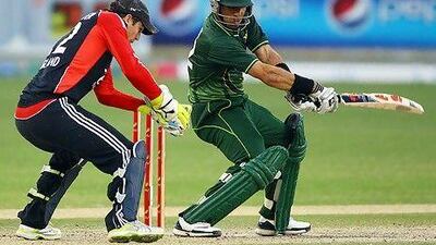 Dubai, United Arab Emirates- February, 21, 2012: Pakistan's captain Misbah Ul Haq plays a shot during the fourth and final One Day International match between Pakistan and England at the Dubai International Cricket Stadium in Dubai. ( Satish Kumar / The National ) For Sports