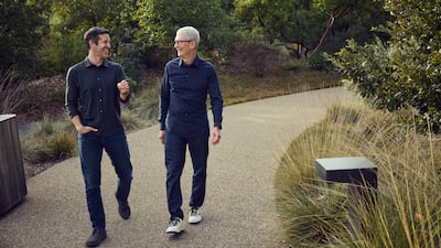 Apple chief executive Tim Cook, right, will be succeeded by John Ternus on September 1. Photo: Apple