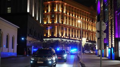 Russian policemen on a street next to the FSB security service's office in Moscow. AFP