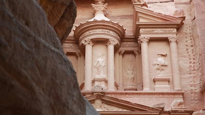 A closeup of the the ancient Khaznah (treasury) monument carved in the rock cliff. AFP