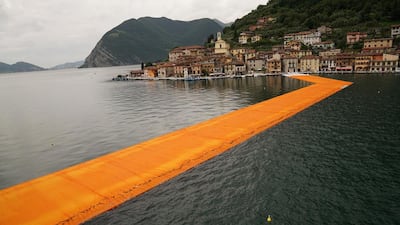 An aerial view of The Floating Piers taken on June 16, 2016. Images courtesy Wolfgang Wolz