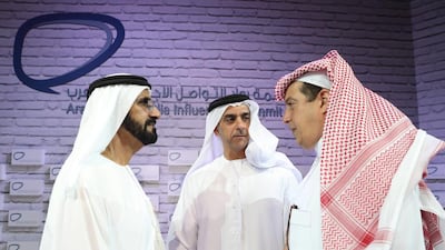 Sheikh Mohammed bin Rashid and Sheikh Saif bin Zayed attend the Arab Social Media Influencers Awards at Dubai World Trade Centre on Tuesday. Wam