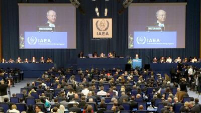 Yukiya Amano, the Japanese director general of the International Atomic Energy Agency delivers a speech at the opening of IAEA’s general conference at the International Centre in Vienna, Austria, yesterday. Ronald Zak / AP Photo