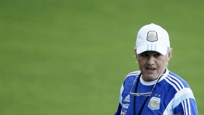 Argentina coach Alejandro Sabella is shown conducting a team training session on Sunday ahead of their Wednesday semi-final against the Netherlands at the 2014 World Cup. Dennis M Sabangan / EPA / July 6, 2014