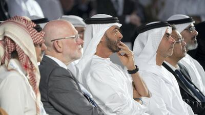 Sheikh Mohamed bin Zayed and Sheikh Saif bin Zayed. UAE Deputy Prime Minister and Minister of Interior, attend the Reaching the Last Mile Forum, at the Louvre Abu Dhabi. Rashed Al Mansoori / Ministry of Presidential Affairs