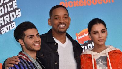 Will Smith, Naomi Scott and Canadian actor Mena Massoud at the Nickelodeon Kids' Choice Awards on March 23, 2019. AFP