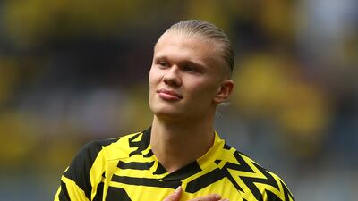 Erling Haaland of Dortmund acknowledges the fans before the Bundesliga match against Hertha Berlin on May 14, 2022. Getty