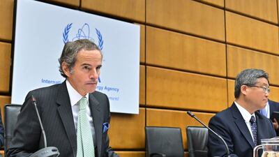 Rafael Grossi, director general of the IAEA, left, and UN ambassador Wang Qun in Vienna on June 6. AFP
