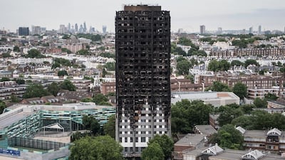 The remains of Grenfell Tower as seen from a neighbouring block in London. The tragedy, which claimed tens of lives, has delivered profound effects on British society. Carl Court / Getty Images