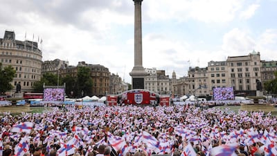 Football fans gather for a victory party in Trafalgar Square in central London after England beat Germany 2-1 to win the Women's Euro 2022 football tournament. AFP