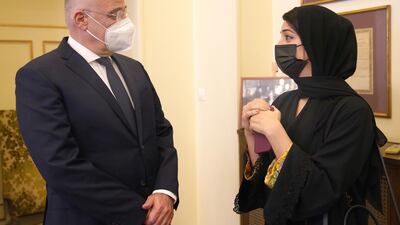 Minister of State for International Co-operation Reem Al Hashimy meets Greek Foreign Minister Nikos Dendias in Athens, Greece. Ministers from the UAE, Greece, Cyprus, Bahrein, Egypt and Saudi Arabia are taking part in a 'Friendship Forum'. EPA