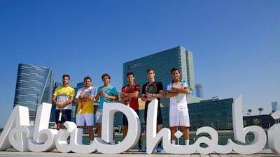 From left to right, Feliciano Lopez, Stan Wawrinka, Rafael Nadal, Novak Djokovic, Andy Murray and Nicolas Almagro pose during a photo shoot in Abu Dhabi on Thursday. AFP Photo / Mubadala World Tennis Championship