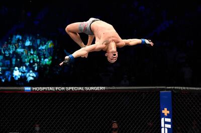 ABU DHABI, UNITED ARAB EMIRATES - JANUARY 23: Michael Chandler reacts after his knockout victory over Dan Hooker of New Zealand in a lightweight fight during the UFC 257 event inside Etihad Arena on UFC Fight Island on January 23, 2021 in Abu Dhabi, United Arab Emirates. (Photo by Jeff Bottari/Zuffa LLC)