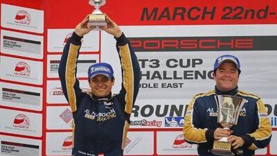 Al Nabooda Racing teammates Clemens Schmid, left, and Karim Al Azhari were the top two finishers at the Porsche GT3 Bahrain race on Saturday. Courtesy photo