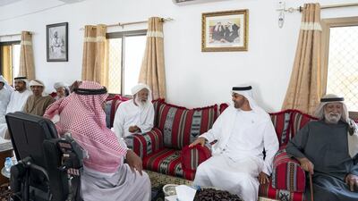 Sheikh Mohamed bin Zayed speaks to Matar Khalfan Al Neyadi. Mohamed Al Hammadi / Ministry of Presidential Affairs