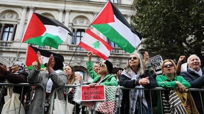 Protesters at a Stop The War Coalition demonstration against Israeli strikes on Gaza and Lebanon in central London. Getty Images