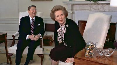 Margaret Thatcher meets with her friend and political ally Ronald Reagan during a 1985 visit to the White House.