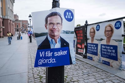 A campaign poster featuring the Swedish Prime Minister, Ulf Kristersson. AFP