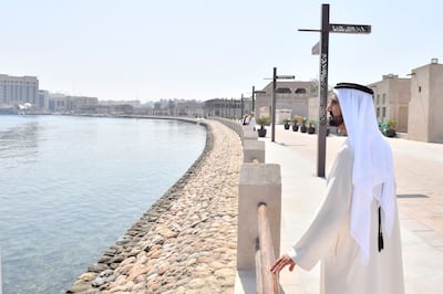 Sheikh Mohammed bin Rashid, Vice President and Ruler of Dubai, inspecting progress on the Shindagha Heritage District scheme in March 2018, which was part of a major renovation project to rejuvenate some of the oldest parts of Dubai. Wam