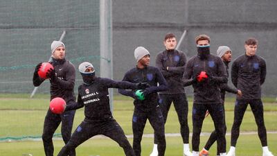 From left, Kyle Walker, Danny Rose, Raheem Sterling, and teammates. EPA