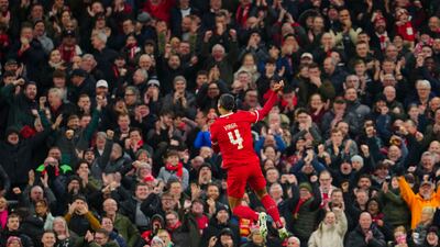 Liverpool's Virgil van Dijk celebrates after scoring against Norwich City in the FA Cup fourth round on Monday. AP