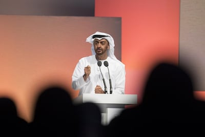 President Sheikh Mohamed, who was Crown Prince of Abu Dhabi at the time, delivers the keynote speech during the Mohamed bin Zayed Majlis for Future Generations summit in 2017. Photo: Crown Prince Court Abu Dhabi