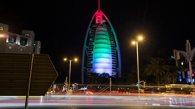 Burj Al Arab lit up in UAE flag colours. Sukuk issance in the 10 largest markets of Islamic bonds fell in 2018. Leslie Pableo / The National