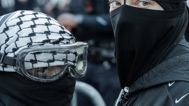 Pro-Palestine protesters at a demonstration outside an Israeli property sales event in New York that included land in the occupied West Bank. EPA