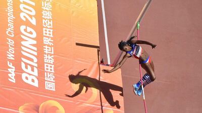 Cuba’s Yorgelis Rodriguez competes in the high jump in the women’s heptathlon event on Saturday at the 2015 World Championships in Beijing. Antonin Thuillier / AFP