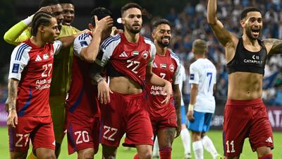 Sharjah players celebrate after Marcus Meloni's winner