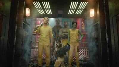 Chris Pratt, Groot (voiced by Vin Diesel), Rocket Racoon (voiced by Bradley Cooper), Dave Bautista and Zoe Saldana in 'Guardians of the Galaxy'. Courtesy Marvel