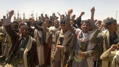 Houthi rebels chant slogans in the city of Amran, 50 kms north of Sanaa. AFP